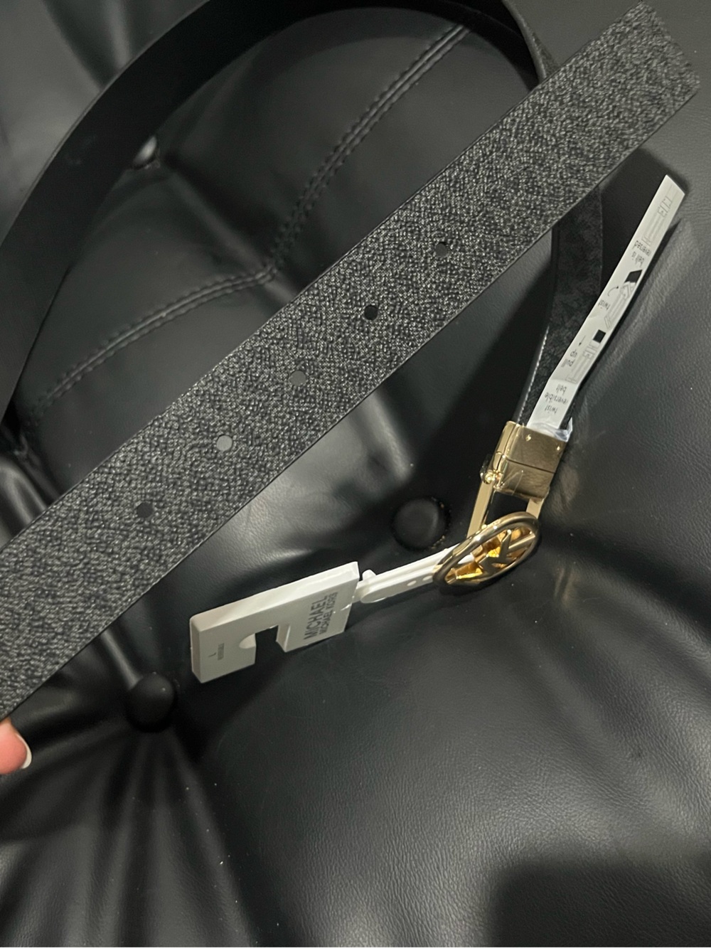 Michael Kors reversible Black Textured Logo Buckle Belt with Gold-Tone MK Emblem